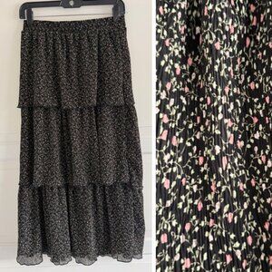 Vernacular Black Floral Tiered Midi Skirt Size Small 41933